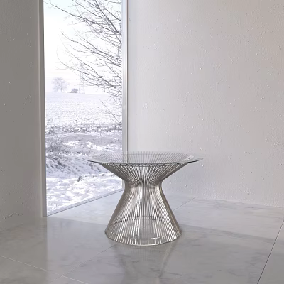 Minimalist White Background Wall With Glass Table And Snowy Window View On Marble Floor 3d model