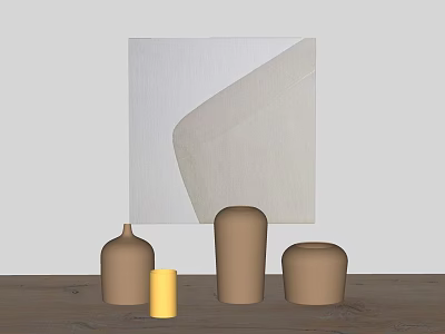 Decorative Ornament Set on Wooden Table with Abstract Painting Including Yellow Cylinder and Brown Vases 3d model