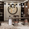 Modern Office Interior With Chinese Style Decor Bookshelves Black Pendant Lights And Wooden Desk