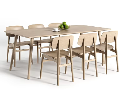 Minimalist Wooden Dining Table And Chairs Set With Natural Wood Tone For Modern Dining Room 3d model