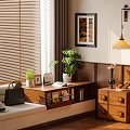 Cozy Bedroom Interior With Wooden Blinds Curtains Sofa Bookshelf Potted Plant And Table Lamp