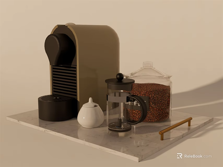 Stylish Kitchen Appliances Collection With Coffeemaker Grinder Pot And Bean Container On Tray 3d model 