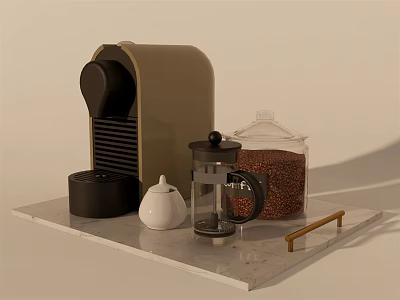 Stylish Kitchen Appliances Collection With Coffeemaker Grinder Pot And Bean Container On Tray 3d model