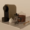 Stylish Kitchen Appliances Collection With Coffeemaker Grinder Pot And Bean Container On Tray