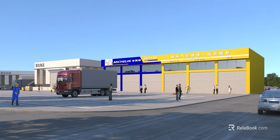 Industrial Warehouse Featuring Red Truck Yellow White Exterior Blue Signage and People Around 3d model 