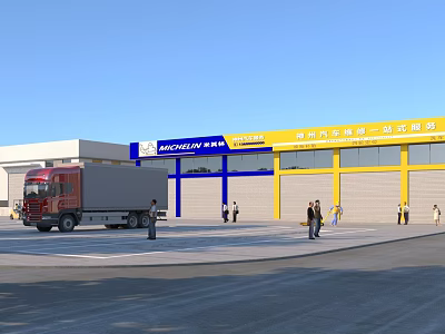 Industrial Warehouse Featuring Red Truck Yellow White Exterior Blue Signage and People Around 3d model
