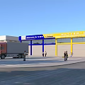 Industrial Warehouse Featuring Red Truck Yellow White Exterior Blue Signage and People Around