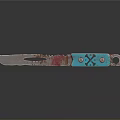 Blood Stained Blade Weapon With Blue Handle Skull Design And Metal Rivets