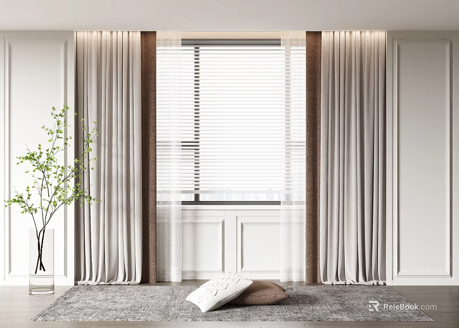 Light Gray Curtains With White Blinds Green Plant Gray Rug Pillows In Modern Interior 3d model 