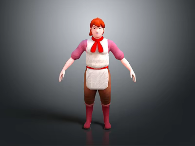 3D Character Model With Red Hair Pink Shirt White Apron Brown Pants And Red Boots 3d model