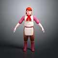 3D Character Model With Red Hair Pink Shirt White Apron Brown Pants And Red Boots