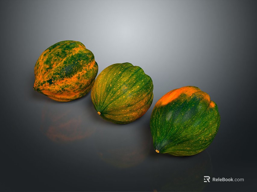 Three Fresh Ripe Green And Orange Pumpkins With Striped Skin On Gray Background 3d model 