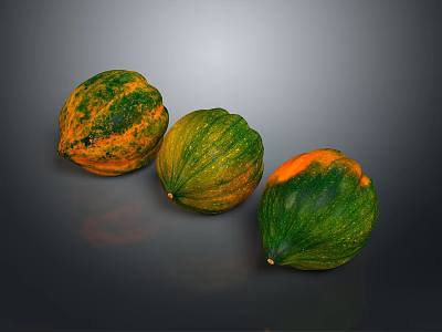 Three Fresh Ripe Green And Orange Pumpkins With Striped Skin On Gray Background 3d model