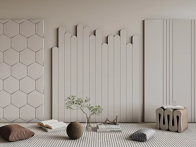 Neutral Gray Background Wall Design With Geometric Patterns Vertical Stripes And Decorative Plants Books Pillows 3d model
