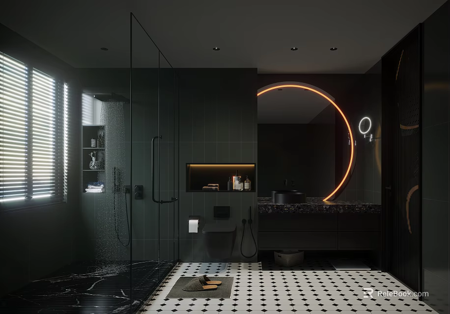Modern Bathroom Interior With Glass Shower Round Lit Mirror Black Marble Vanity And Tiled Floor 3d model 