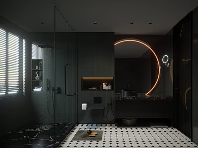 Modern Bathroom Interior With Glass Shower Round Lit Mirror Black Marble Vanity And Tiled Floor 3d model