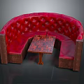 Stylish Red Curved Tufted Leather Public Chair With Geometric Pattern Table