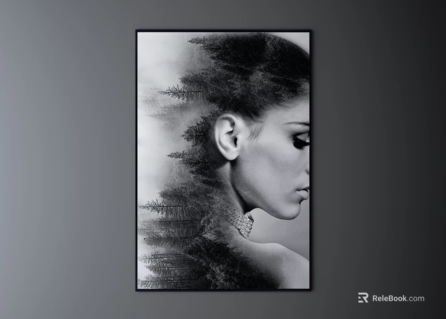 Black and White Female Portrait Artwork with Tree Silhouettes and Double Exposure Design 3d model 
