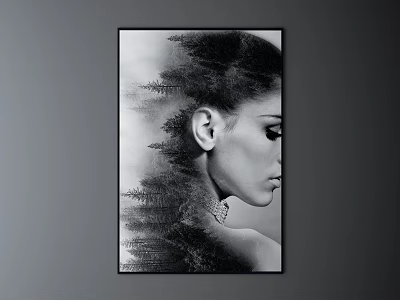 Black and White Female Portrait Artwork with Tree Silhouettes and Double Exposure Design 3d model
