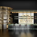 Modern Bar Interior With Curved Counter Stools And Shelves Filled With Bottles