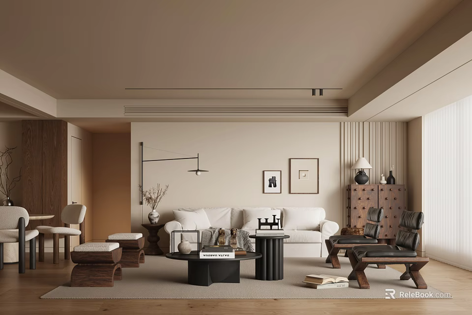 Modern Living Room Interior Design With Beige Sofa Wooden Coffee Table And Wall Art 3d model 