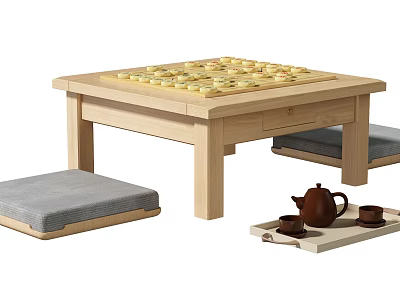 Wooden Tea Table with Chessboard Design and Floor Cushions Including Tea Set Tray 3d model