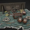 Ancient Weapons Display With Hanging Knives Small Cannon Wooden Barrels Ropes On Wooden Planks Floor