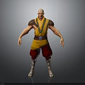 Bald Man in Yellow Top and Red Shorts with Blue Beaded Necklace and Shoulder Armor