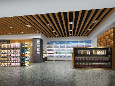Modern Supermarket Interior Design With Open Shelves Display And Various Products 3d model