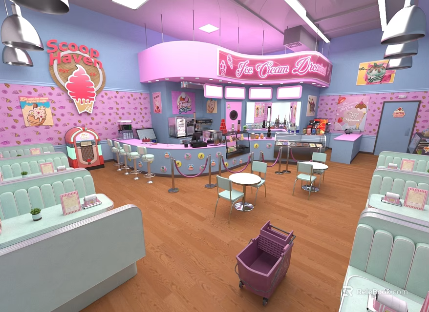 Colorful Ice Cream Shop Interior With Pink And Blue Decor Counter Tables Chairs Vintage Jukebox 3d model 