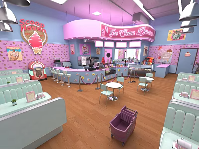 Colorful Ice Cream Shop Interior With Pink And Blue Decor Counter Tables Chairs Vintage Jukebox 3d model