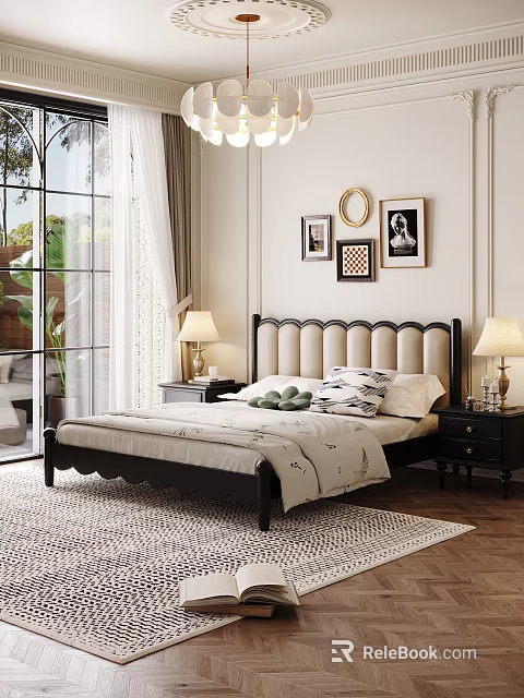 Cozy Bedroom Interior With Tufted Headboard Nightstands Table Lamps Wall Art And Large Window 3d model 