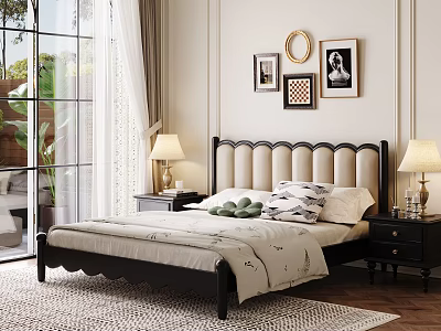 Cozy Bedroom Interior With Tufted Headboard Nightstands Table Lamps Wall Art And Large Window 3d model