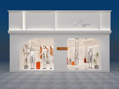 Modern Clothing Store Exterior With Glass Window Display Mannequins And Decorative Plants 3d model