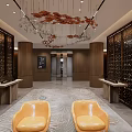 Luxury Lobby Interior With Brown Columns Chandelier Grey Sofa Marble Floor And City View