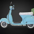 Light Blue Classic Scooter With Green Box On Rear Seat And White Wheels