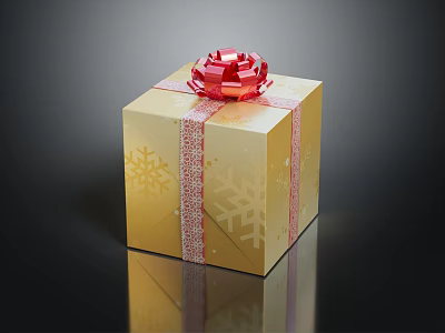 Golden Gift Box With Red Bow And Snowflake Patterns On Pink Ribbon 3d model