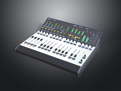 Professional Audio Mixer Console With Multiple Faders Knobs And LED Indicators 3d model