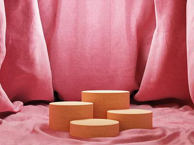 Wooden Round Display Risers With Pink Fabric Background For Product Showcase 3d model