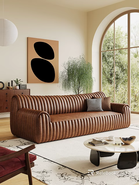 Brown Leather Sectional Sofa Ribbed Design With Green Plant Large Window And Abstract Painting 3d model 