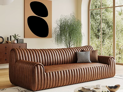 Brown Leather Sectional Sofa Ribbed Design With Green Plant Large Window And Abstract Painting 3d model