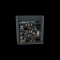 Kitchen Tableware Set with Mugs Plates Bowls Teapot Cutting Board Copper Pots on Grey Shelves