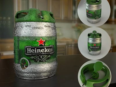 Heineken Green Stainless Steel Beer Keg With Kitchen Background And Accessories 3d model