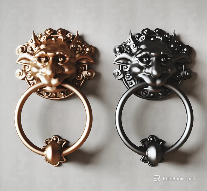 Ornate Lion Head Door Handles With Gold And Black Decorative Design Details 3d model 