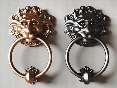 Ornate Lion Head Door Handles With Gold And Black Decorative Design Details 3d model