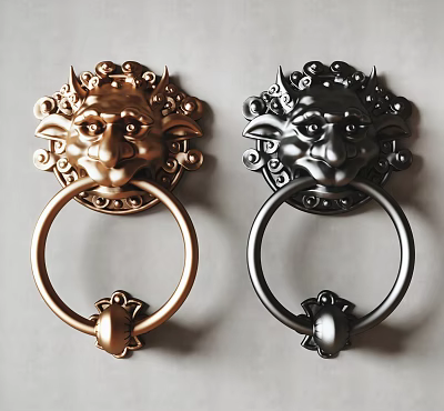 Ornate Lion Head Door Handles With Gold And Black Decorative Design Details 3d model