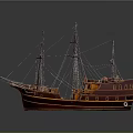 Intricate Wooden Sailboat Model with Multiple Masts and Glossy Red Brown Hull