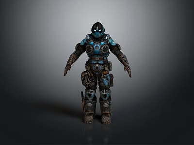 Humanoid Mechanical Character In Blue Black Armor With Helmet And Gear 3d model