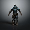 Humanoid Mechanical Character In Blue Black Armor With Helmet And Gear