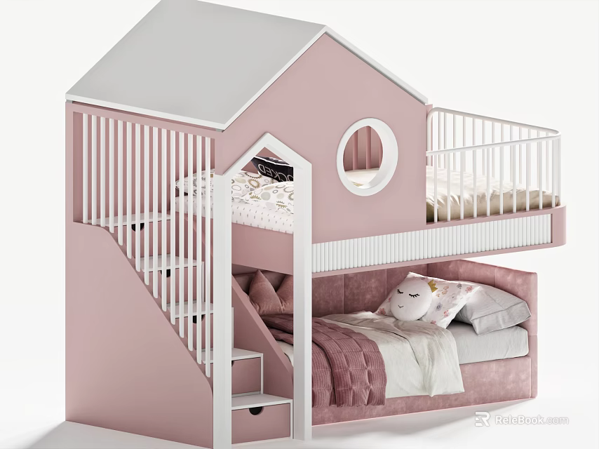 Pink House Shaped Bunk Bed With Upper Level Railing Round Window And Stairs 3d model